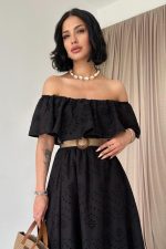 Siyah Omzu Lastikli Brode Elbise - Görsel 2