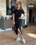 Kadın Yaka Ribanalı Çift Yırtmaçlı Elbise