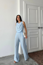 DEGAJE YAKA KOLSUZ BLUZ - PANTOLON TAKIM - Mavi - Görsel 2