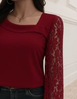 Kadın Uzun Kollu Asimetrik Yakalı Dantelli Ithal Krep Bluz - Görsel 2