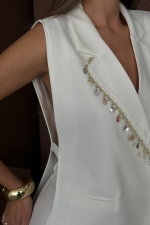 YAKA MİDYE KABUĞU SIRALI YELEK - PANTOLONTAKIM KETEN KUMAŞ - Beyaz - Görsel 3