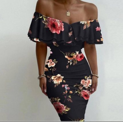 Kadın Madonna Yaka çiçek Baskılı Volan Detay Kalem Elbise