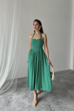 Yeşil Boyundan Bağlamalı Keten Elbise - Görsel 3