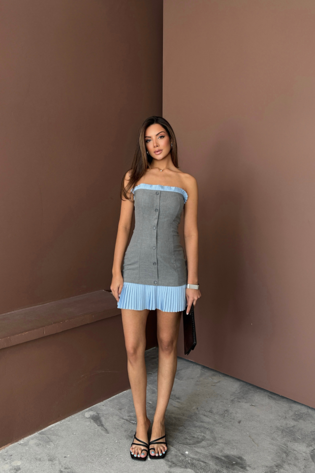 41931189f60b745d2912 STRAPLEZ POLVİSKON ELBİSE MAVİ FIRFIR DETAYLI - Gri - Görsel 1