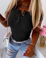 Kadın Kısa Kollu Yuvarlak Yakalı Düğme Detay Kaşkorse Bluz - Görsel 2