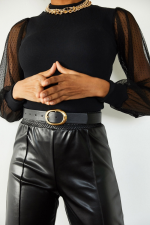 Kadın Siyah Kolu Tül Detaylı Yarım Balıkçı Kaşkorse Bluz - Görsel 2