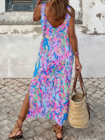 Kadın Askılı Yuvarlak Yaka Yandan Yırtmaçlı Uzun Süprem Elbise - Görsel 3