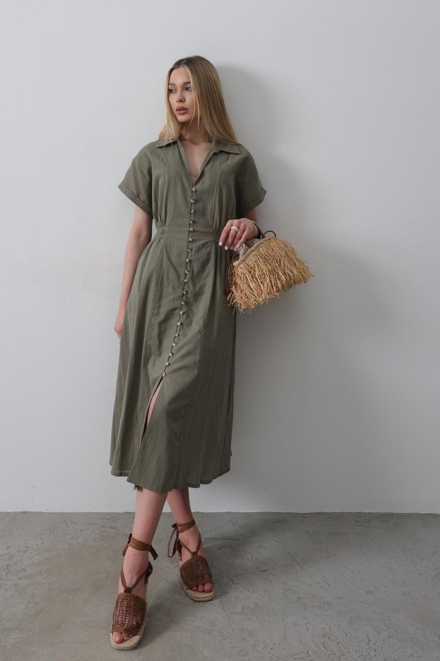 426f494ffdfe37410bfb Önü Düğmeli Kısa Kol Elbise - Haki - Görsel 1