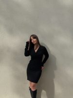 Kadın Uzun Kollu Kruvaze Yaka Krep Mini Boy Elbise - Görsel 2