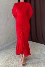 Kırmızı Önü Büzgülü Şifon Elbise - Görsel 3