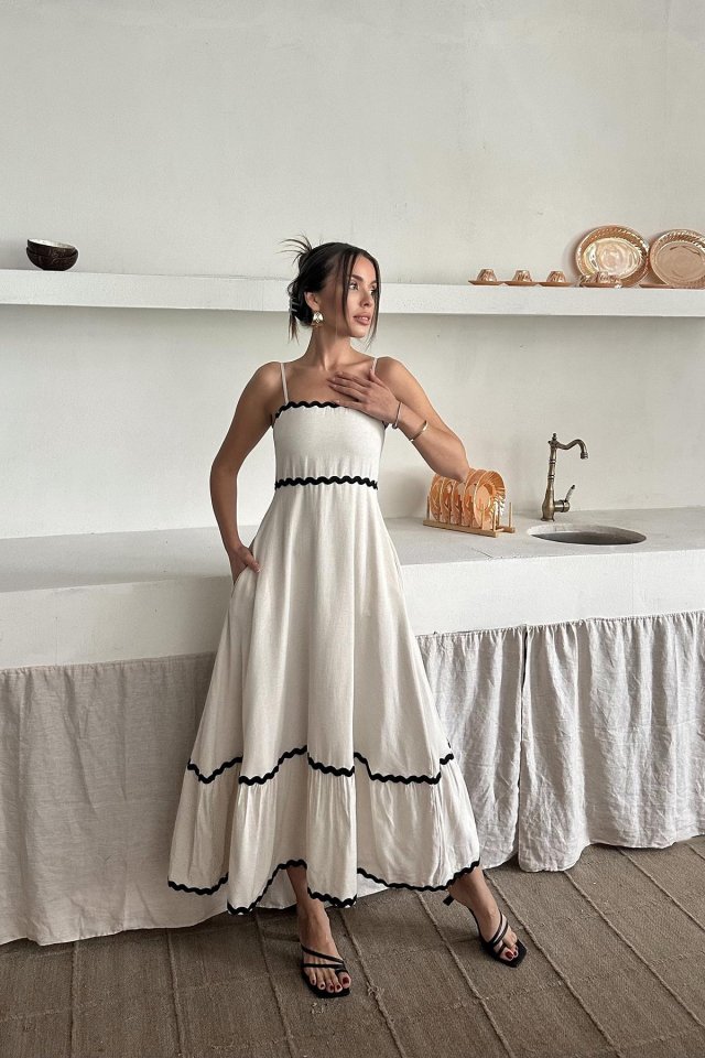 439512ef56ba703cad81 Bej Şerit Detay Keten Elbise - Görsel 1