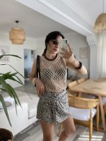 Kadın Askılı Yuvarlak Yaka Geometrik Desenli Triko Bluz