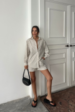 POPLİN ÇİZGİLİ GÖMLEK - ŞORT TAKIM - Bej - Görsel 2