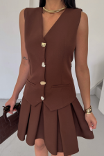 YELEK - PİLELİ ETEK GÖRÜNÜMLÜ ELBİSE - Kahverengi - Görsel 3