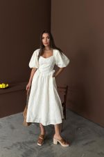 Ekru Balon Kollu Dantelli Brode Elbise - Görsel 2