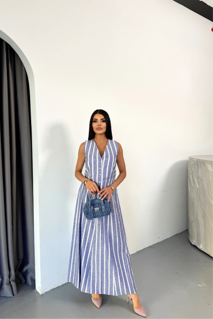 KETEN ÇİZGİLİ YELEK - UZUN ETEK TAKIM - Mavi