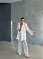 VİSKON JAKARLI BAĞLAMALI GÖMLEK - PANTOLON TAKIM - Beyaz - Görsel 3