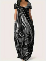 Kadın Kısa Kollu Yuvarlak Yaka Cepli Salaş Baskılı Süprem Elbise - Görsel 2