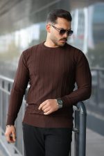 Erkek Bisiklet Yaka çizgi Kabartmalı Uzun Kollu Triko