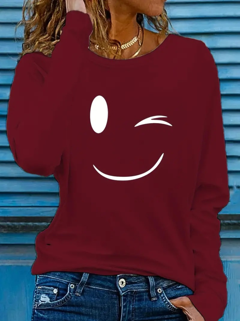 4646da1025b9bb2dd2b7 Kadın Uzun Kollu Bisiklet Yaka Gülen Yüz Desenli Viskon Bluz - Görsel 1