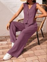 Kadın Sıfır Kollu Düğmeli Yelek Ve Pantolon Bürümcük Ikili Takım