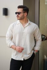 Erkek çizgili Keten Gömlek - Görsel 2