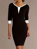 Kadın Truvakarkol V Yakalı Blok Renkli Kısa Janjan Krep Elbise - Görsel 3