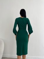 Kadın Kruvaze Yaka Balon Kol Midi Boy Elbise - Görsel 3