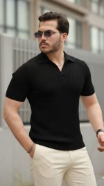 Erkek Kısa Kollu Yakalı çizgi Desenli Triko Bluz - Görsel 2