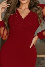 Kadın Uzun Kollu Kruvaze Yakalı Taşlı Mini Ithal Krep Elbise - Görsel 2