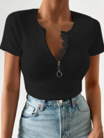 Kadın Beyaz Yaka Dantel Ve Fermuarlı Kaşkorse Bluz - Görsel 2