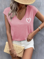 Kadın Kısa Kollu V Yakalı Kalp Baskılı Viskon Bluz - Görsel 2