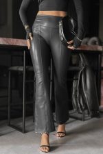 Kadın Yüksek Bel Paçaya Doğru Geniş Deri Pantolon - Görsel 3