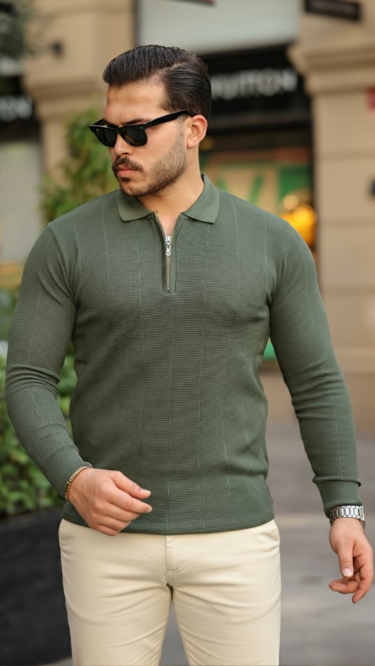 48e852f99f1714cbd9da5164b2f6d8d5 Erkek Pirinç Desenli Uzun Kollu Yakalı Triko - Görsel 1