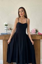 Siyah Göğüs Kuplu Uzun Büzgülü Elbise - Görsel 3