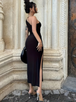 Kadın Tek Omuzu Açık Büzgülü Yandan Yırtmaçlı Uzun Sandy Elbise - Görsel 3