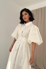 Ekru Pileli Balkon Elbise - Görsel 2