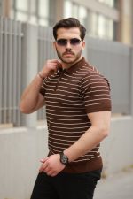 Erkek Fermuar Yakalı çizgili Kısa Kollu T-shirt - Görsel 2