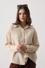 Müslin Uzun Kol Gömlek - Bej - Görsel 3