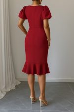 Kadın Kısa Kollu Yuvarlak Yaka Pileli Janjan Krep Elbise - Görsel 3