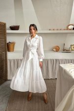 Ekru Çizgi Desenli Uzun Elbise