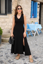 Kadın Kalın Askılı V Yaka Yırtmaç Detay Viskon Elbise - Görsel 3