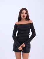 4206 TRİKO ÇİZGİLİ KAYIK YAKA CROP-ANTRASİT-SİYAH - Görsel 3