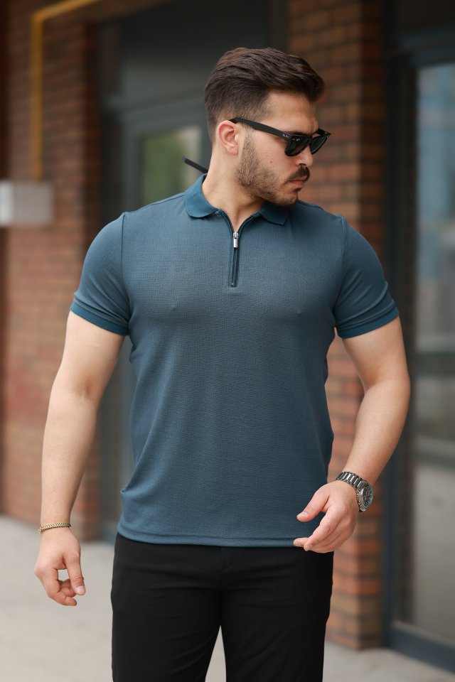 4c7decfda141b715b11b6e8474f3ab73 Erkek Fermuarlı Yaka Kısa Kollu Tişört - Görsel 1