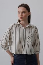 Çizgili Kısa Gömlek - Bej-Lacivert - Görsel 2