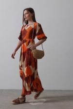 Desenli Balon Kol Kloş Elbise - Kahve - Görsel 3