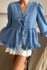 KETEN BLUZ ÖNDEN BAĞLAMALI FIRFIR DETAYLI - Mavi - Görsel 2