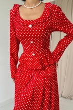 Kırmızı Puantiye Desenli Volanlı Elbise - Görsel 2