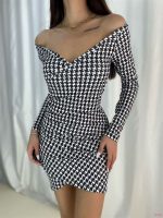 Kadın Kazayağı Desenli Kruvaze Yaka Mini Krep Elbise - Görsel 2