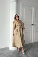 Gold Işıltılı Kemerli Kruvaze Elbise - Görsel 2